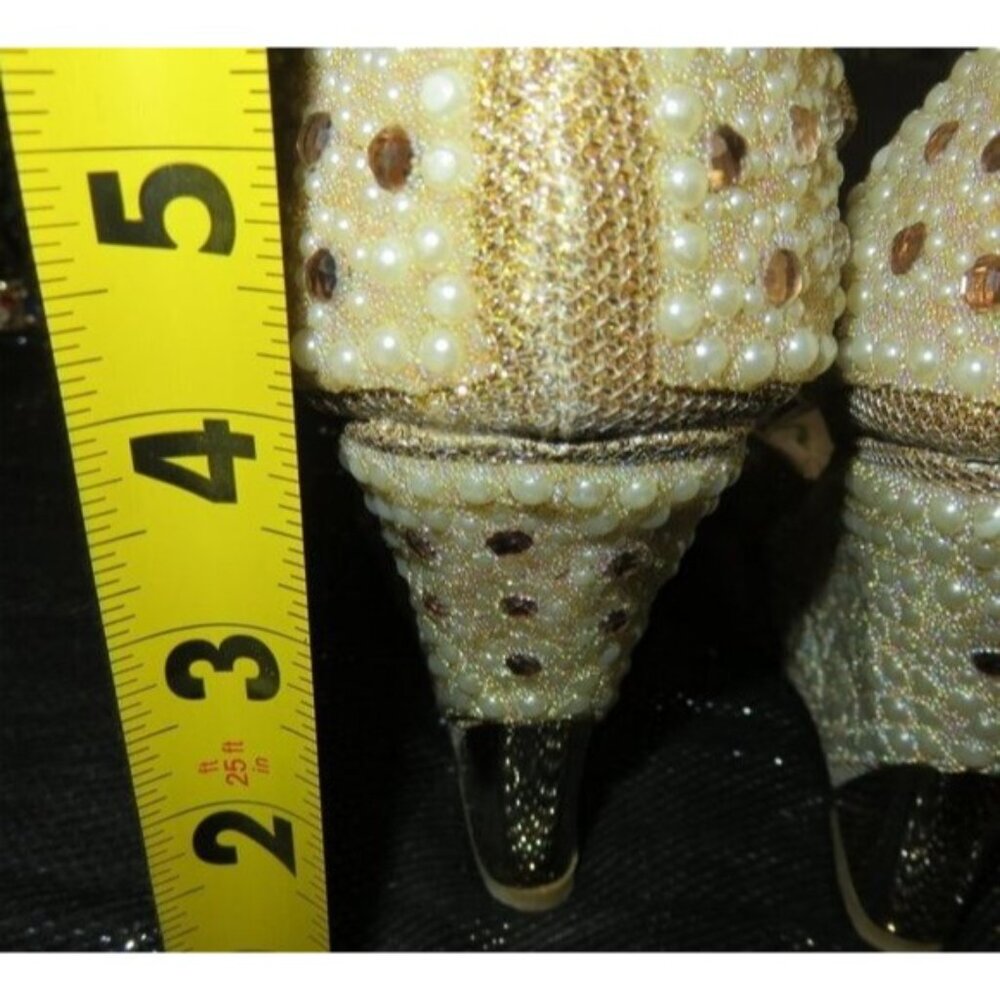 Rhinestone Pearl Embellished Metallic Gold Platform T strap Wedges sz 38 - Picture 4 of 10
